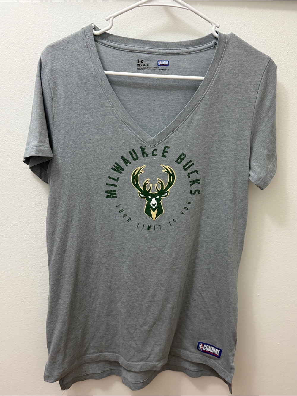 Under Armour Gray Milwaukee Bucks V-Neck Tee with Green & Gold Logo
